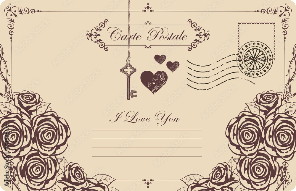 Retro postcard on the theme of declaration of love with roses, key and hearts. Romantic vector card in vintage style with calligraphic inscription I love you and place for text Retro postcard on the theme of declaration of love with roses, key and hearts. Romantic vector card in vintage style with calligraphic inscription I love you and place for text