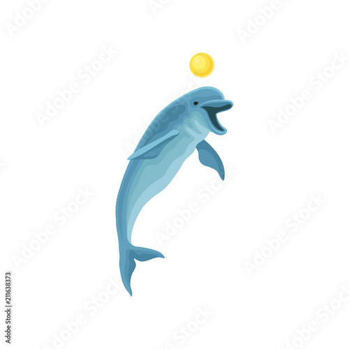 Cute funny blue dolphin performing trick with ball for entertainment show vector Illustration on a white background