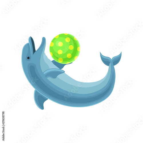 Blue dolphin playing with ball vector Illustration on a white background