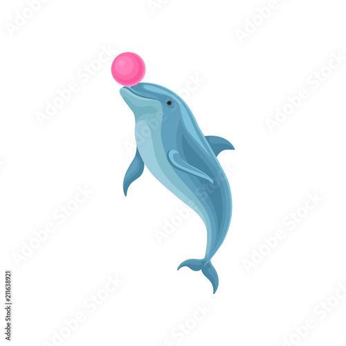 Cute blue dolphin playing with ball at entertainment show vector Illustration on a white background