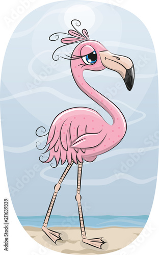 Cartoon flamingo on a Beach