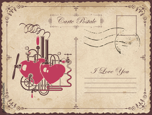 Vintage postcard on the theme of declaration of love with two hearts connected by different mechanisms and pipes. Romantic vector card with love factory and calligraphic inscription I love you