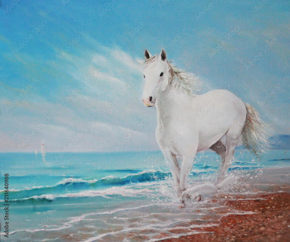 Painting a horse running on the waves. White horse on the beach.