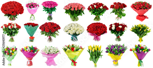 Foto set of bouquets of roses and tulips, a collection of bouquets of