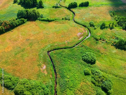 Fototapeta Naklejka Na Ścianę i Meble -  Aerial view on river between green trees and yellow meadows
