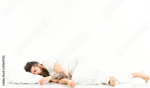 Deep sleep concept. Man with beard and mustache photo