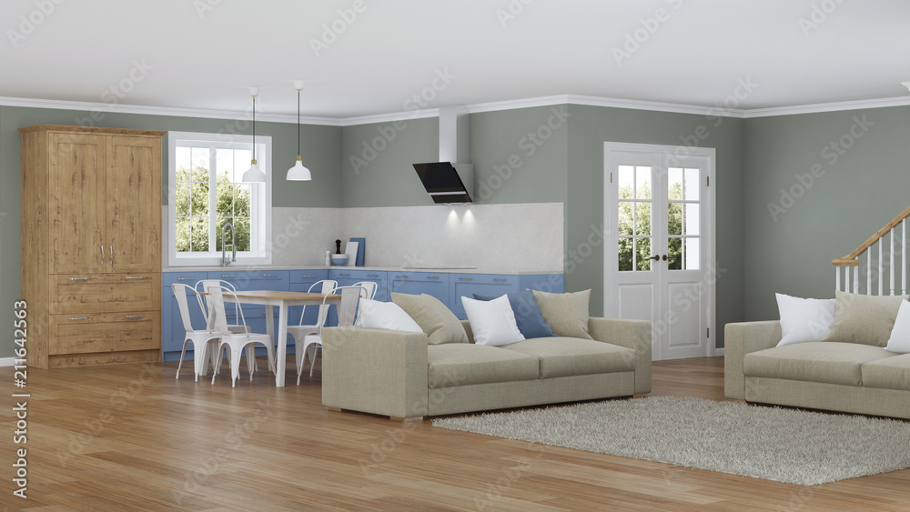 Fototapeta premium Modern house interior. Design project. 3D rendering.