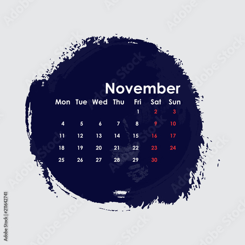 November 2019 Calendar Template.Starts from Monday.Vector illustration.