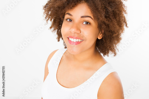 Beautiful young african american woman isolated on white background. Copy space. Mock up. Skin care  spa and make up concept. Summer time. Afro girl curly hair