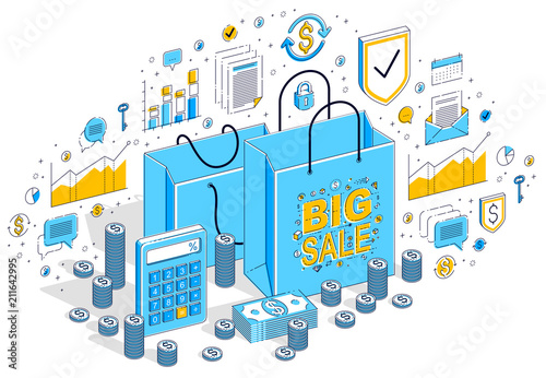 Big Sale concept, Retail, Sellout, Shopping Bag with cash money stacks isolated on white background. Vector 3d isometric business illustration with icons, stats charts and design elements.