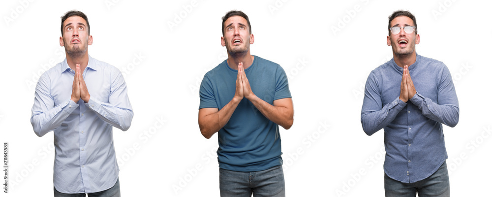 Handsome young man wearing different outfits begging and praying with hands together with hope expression on face very emotional and worried. Asking for forgiveness. Religion concept.