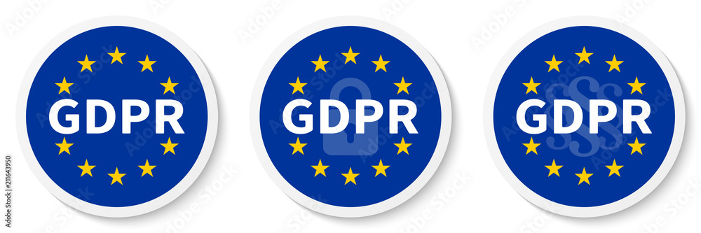 GDPR circle sticker set with the EU flag, the padlock icon and paragraph marks. GDPR circle sticker set with the EU flag, the padlock icon and paragraph marks.