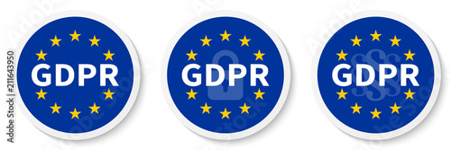 GDPR circle sticker set with the EU flag, the padlock icon and paragraph marks.