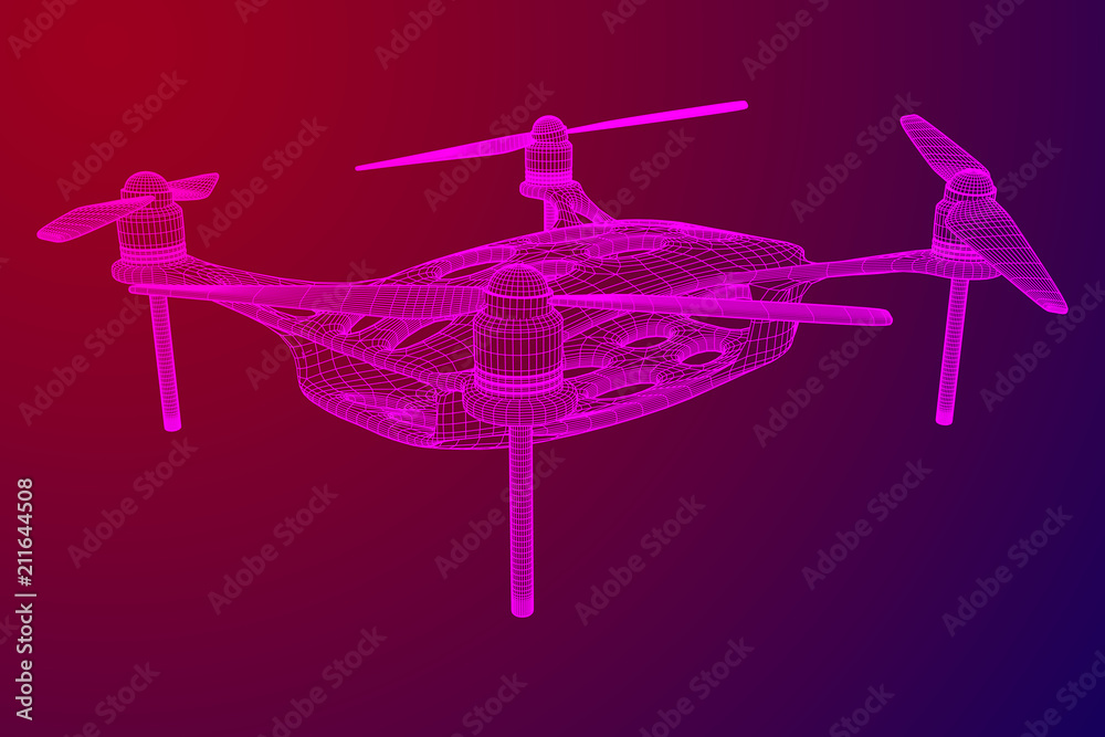 Remote control air drone. Dron flying with action video camera. Wireframe low poly mesh vector illustration Remote control air drone. Dron flying with action video camera. Wireframe low poly mesh vector illustration