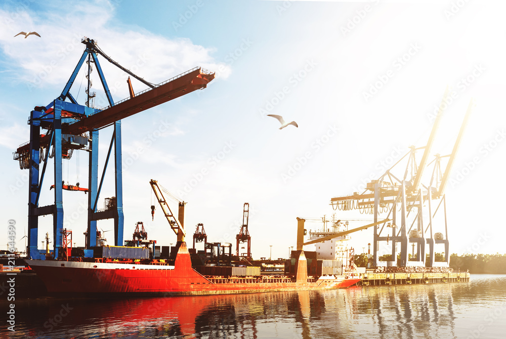 Fototapeta premium cargo ship at cargo terminal in harbor against blue sky