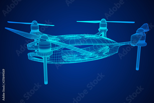 Remote control air drone. Dron flying with action video camera. Wireframe low poly mesh vector illustration