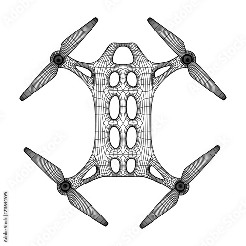 Remote control air drone. Dron flying with action video camera. Wireframe low poly mesh vector illustration