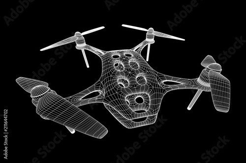 Remote control air drone. Dron flying with action video camera. Wireframe low poly mesh vector illustration