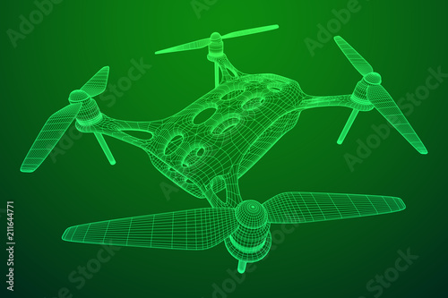 Remote control air drone. Dron flying with action video camera. Wireframe low poly mesh vector illustration
