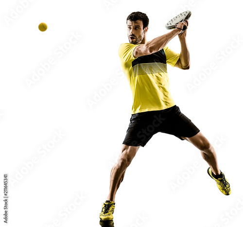 one caucasian man playing Padel tennis player isolated on white background © snaptitude