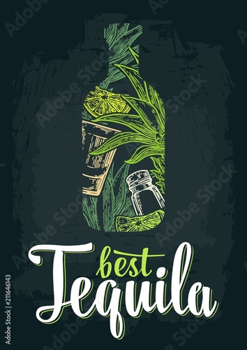 Bottle tequila with glass, cactus, salt, lime. Best Tequila lettering.