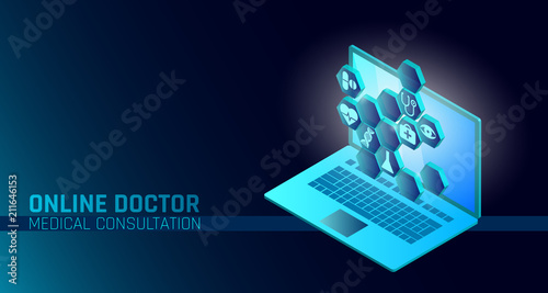 Doctor online medical app mobile applications. Digital healthcare medicine diagnosis concept banner. Human heart eye DNA icon hexagon innovation technology vector illustration