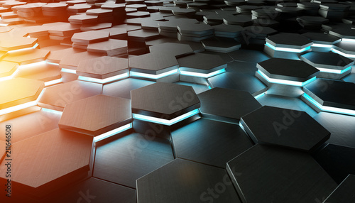Fototapeta Naklejka Na Ścianę i Meble -  Black blue and orange hexagons background pattern 3D rendering