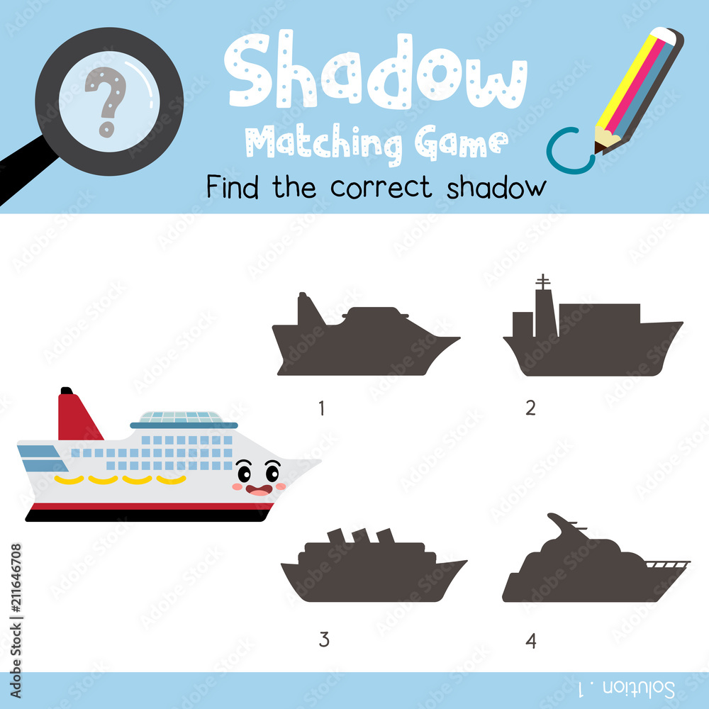 Shadow matching game of Cruise Ship cartoon character side view transportations for preschool kids activity worksheet colorful version. Vector Illustration.