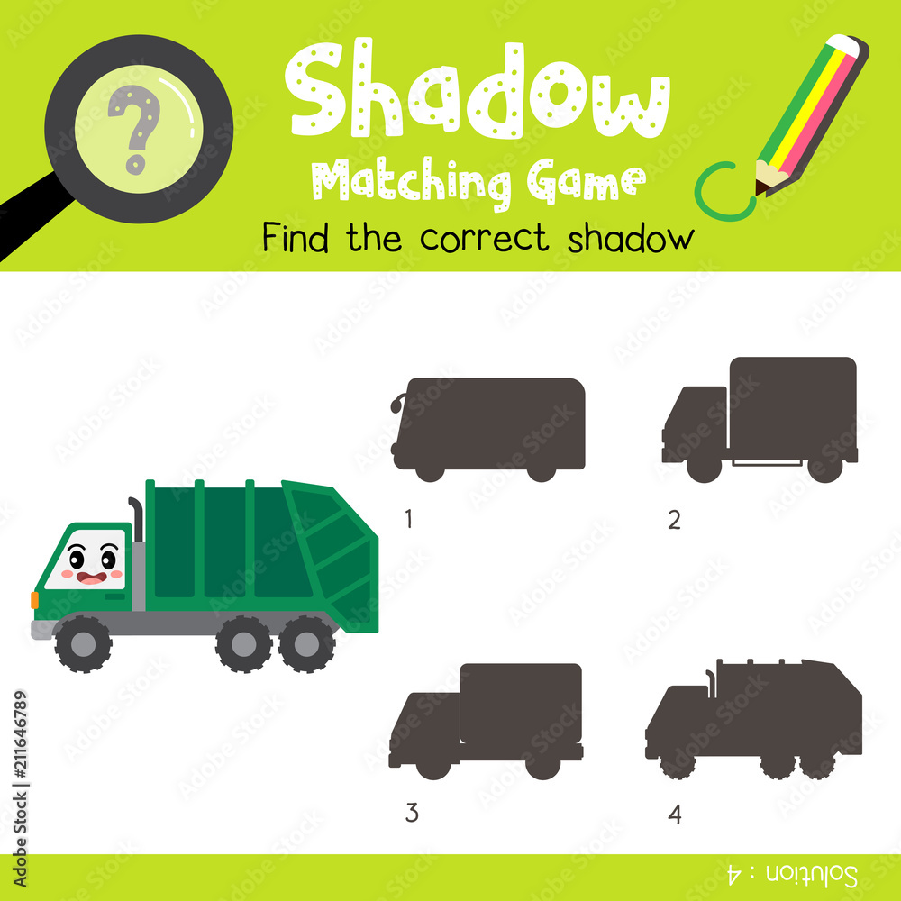 Shadow matching game of Garbage Truck cartoon character side view  transportations for preschool kids activity worksheet colorful version.  Vector Illustration. Stock Vector | Adobe Stock