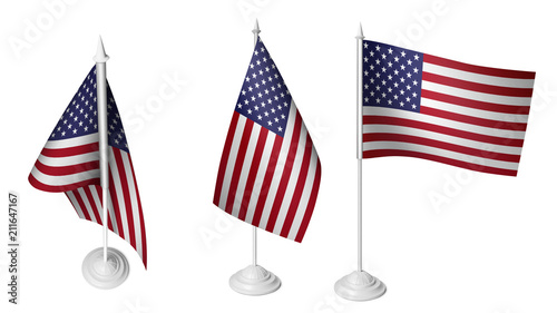 3 Isolated Small American Flags, 3D Realistic American Flag Rendered