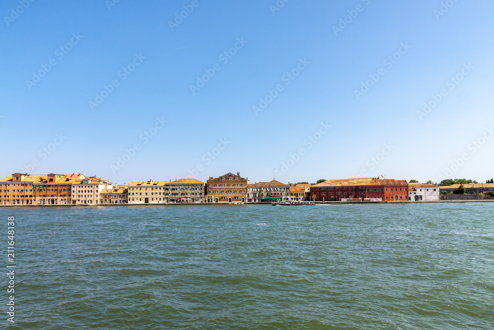 Minimalistic nostalgia Italy landscape from water sunny summer day