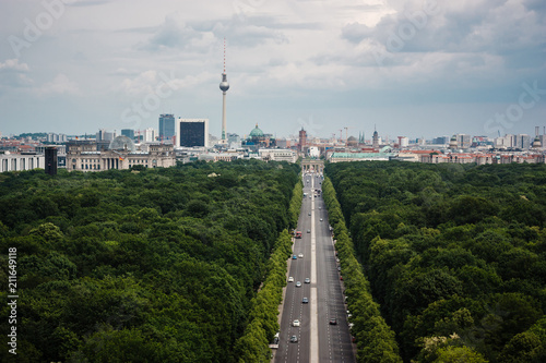 Berlin city skyline aerial view from the top of Victory Column (Siegessaule) in Tiergarten, Berlin