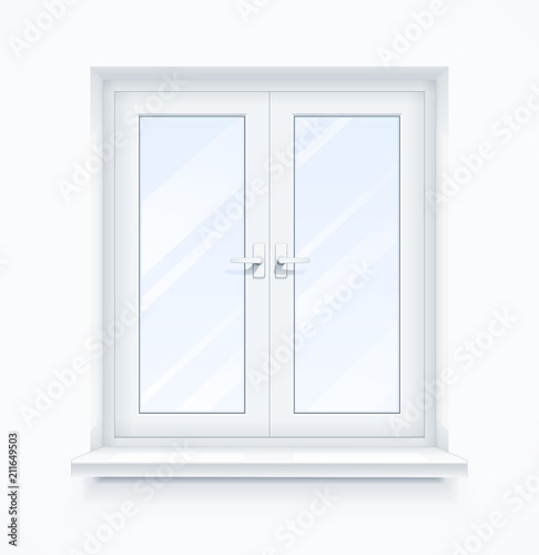 White classic plastic window with windowsill. Transparent