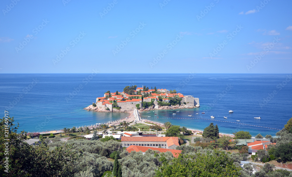 view of the island of St. Stefan in the Adriatic Sea in Montenegro