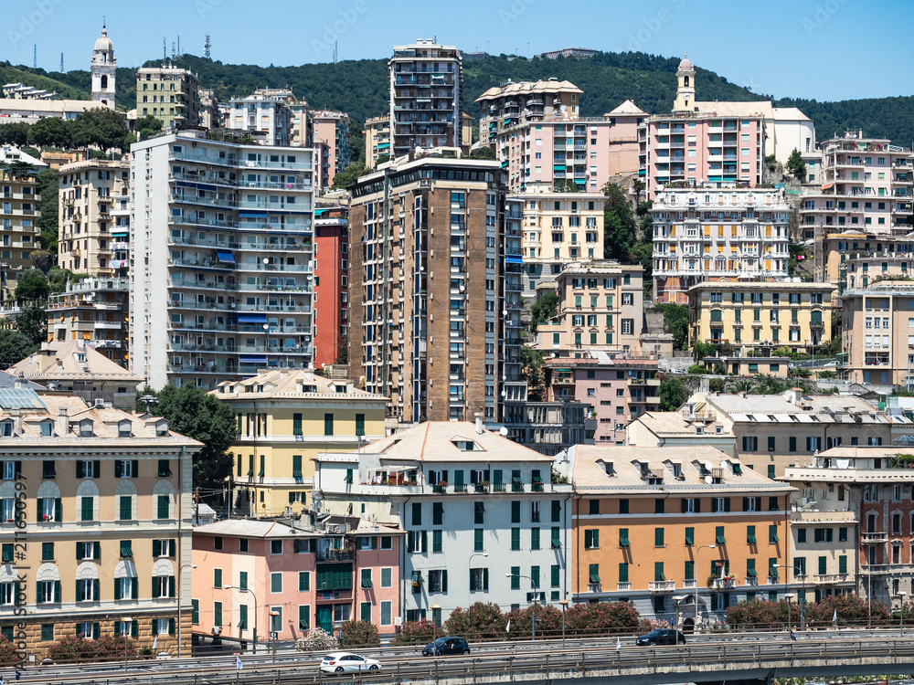 Panoramic view of the magnificent Italian city of Genoa on a sunny summer day against the blue sky. Concept of travel and recreation