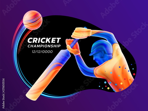 Vector abstract illustration of batsman playing cricket from colored liquid splashes and brush strokes with neon lines and colored dots. Championship and competition sports. 3d player silhouette.