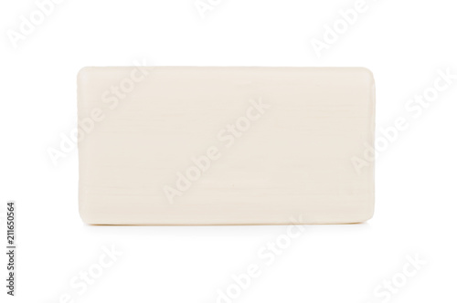 Top view of one bar white hygiene toilet soap isolated on white background