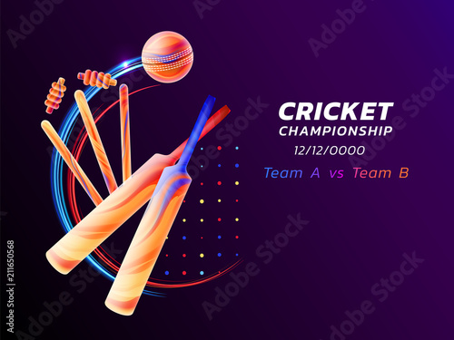 Vector abstract illustration of cricket sport from colored liquid splashes and brush strokes with neon lines and colored dots. Championship and competition concept. Sport equipment. photo