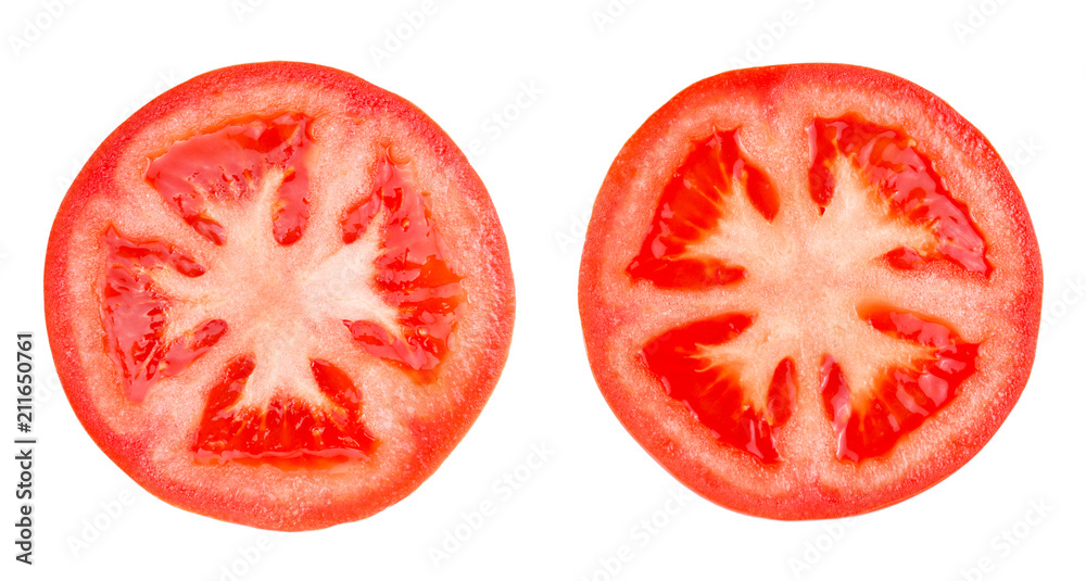 Two Slices of red tomato isolated on white background Two Slices of red tomato isolated on white background