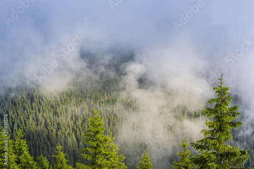 Beautiful mountain scenery with rain clouds and mist in spring