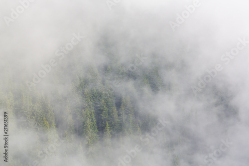 Beautiful mountain scenery with rain clouds and mist in spring