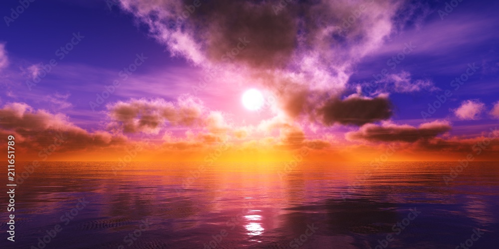 Panorama of sea sunset, ocean sunrise, seascape, 3d rendering
