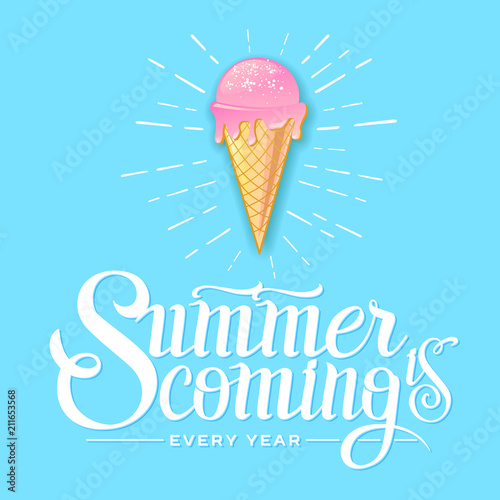 Blue typography poster design. Lettering poster Summer is coming