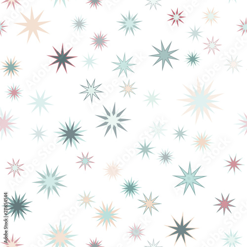 Seamless vector repetitive background with multicolored stars on white background.