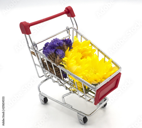 beautiful yellow chrysanthemumflowers in small shopping cart isolated on white blackground photo