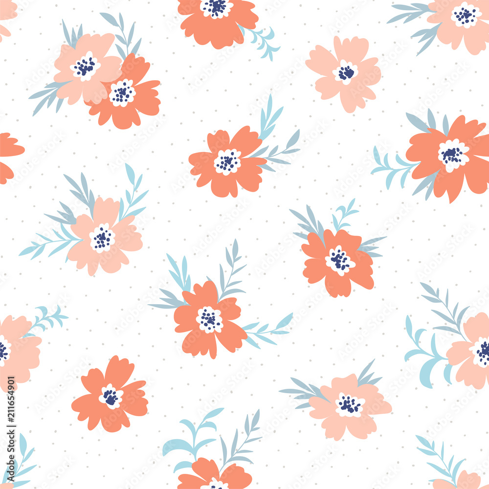 Trendy seamless floral ditsy pattern. Fabric design with simple flowers on the light polka dot background. Vector bedding pattern. Trendy seamless floral ditsy pattern. Fabric design with simple flowers on the light polka dot background. Vector bedding pattern.