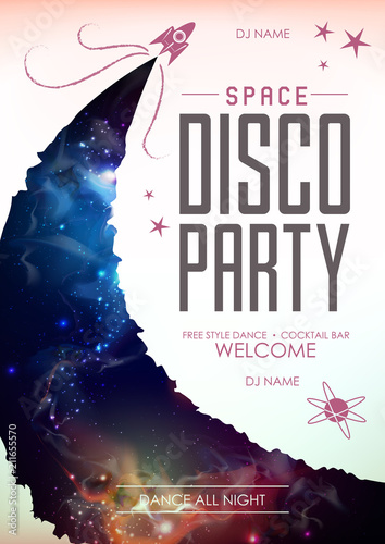 Disco space background. Disco party poster on open space background