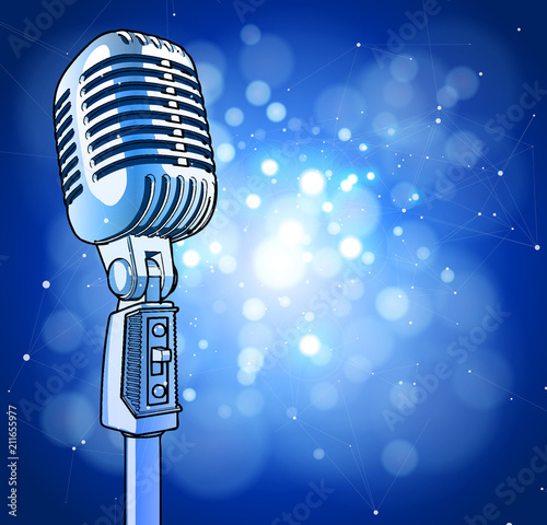 A microphone on a blue technological background is surrounded by a sound wave. Atmosphere of sound recording studio, chamber concert, night disco club or karaoke club / vector