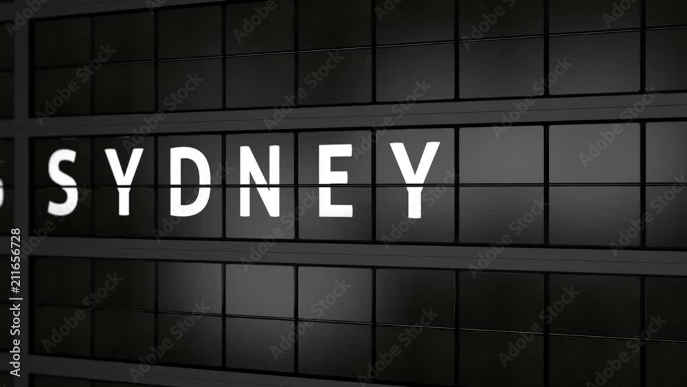 3D generated animation, analog flight information display board with the arrival city of Sydney 3D generated animation, analog flight information display board with the arrival city of Sydney