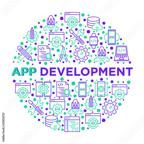App development concept in circle with thin line icons: writing code, multitasking, smart watch app, engineering, updates, cloud database, testing, speed optimization. Vector illustration.